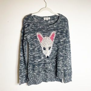 Pink Rose Fox Sweater Women Juniors Grey Black White Pullover Long Sleeve